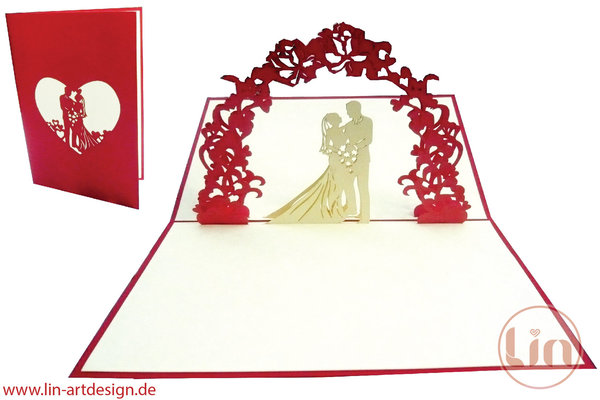 Pop Up 3D Karte, Hochzeitseinladung, Hochzeitskarte, Brautpaar Torbogen, N76