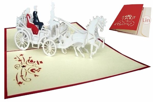 Pop Up 3D Karte, Hochzeitskarte, Hochzeitseinladung, Brautpaar Kutsche, N84