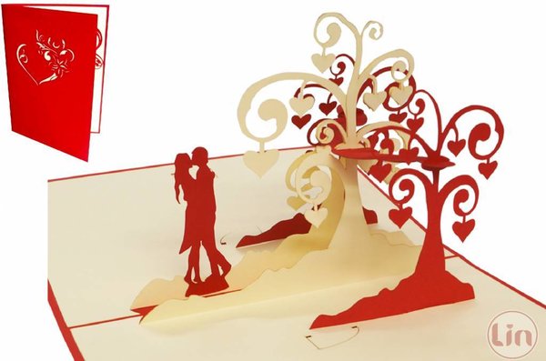 Pop Up 3D Karte, Valentinskarte, Hochzeitseinladung, Hochzeitskarte, Paar unter Herzbäumen, N64