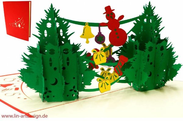 Pop Up 3D Karte, Weihnachtskarte, Glückwunschkarte, Weihnachtsbäume mit Dekor, N449
