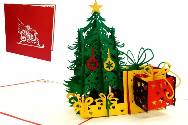 Pop Up 3D Karte, Weihnachtskarte, Glückwunschkarte, Tannenbaum mit Geschenken, N453